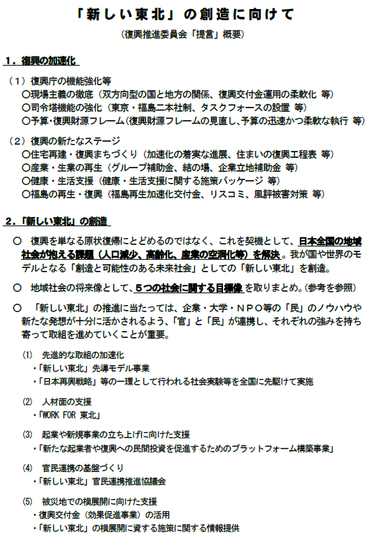 図表 3-4-3 「新しい東北」の創造に向けて(提言)概要(平成26年4月18日復興推進委員会)1