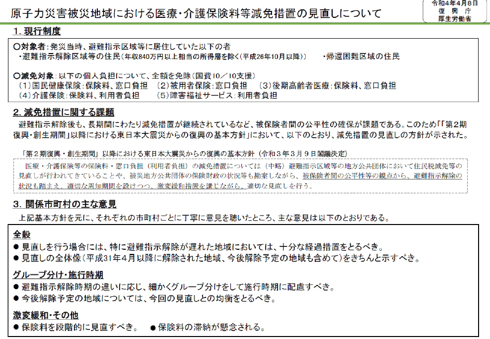 図表 4-2-18 原子力災害被災地域における医療・介護保険料等減免措置の見直しについて1