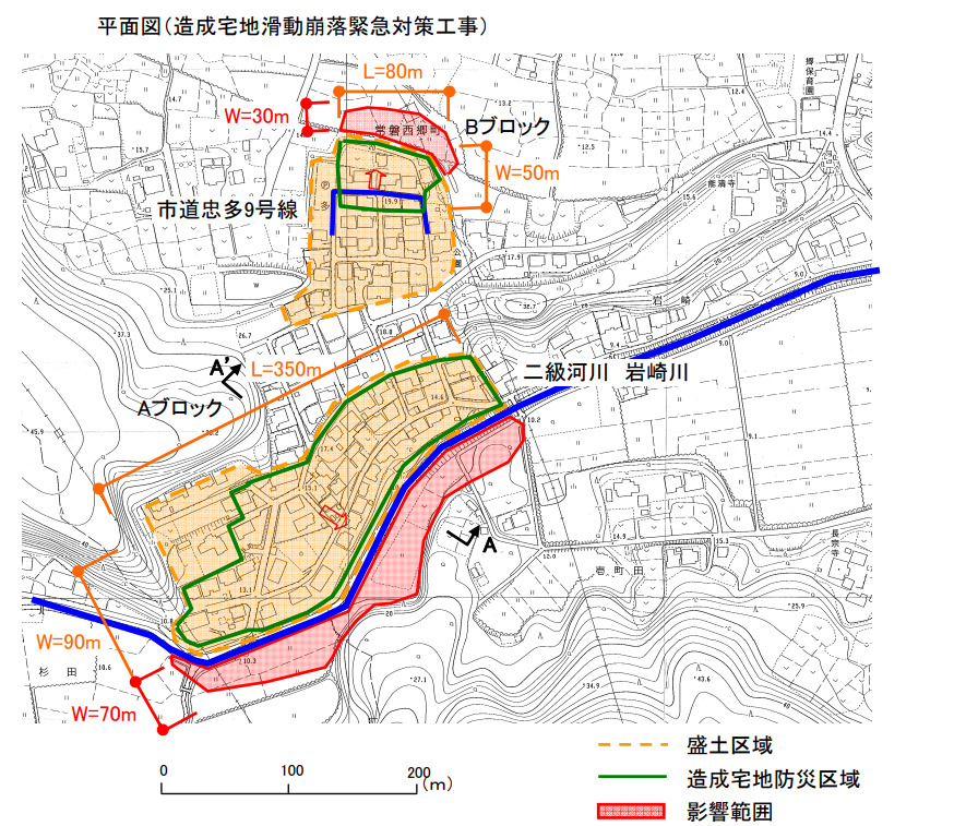 図表 5-4-10 造成宅地滑動崩落緊急対策工事工事平面図・断面図(いわき市西郷町忠多)
