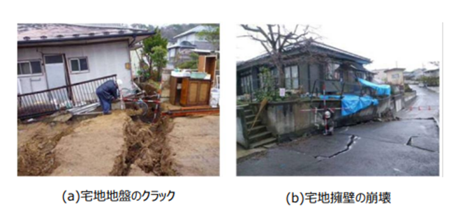 図表 5-4-6 盛土全体とひな壇部分の複合的変形が発生した地区の被害写真