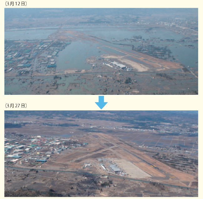 図表 5-7-5 仙台空港の被災直後と一部復旧との状況比較