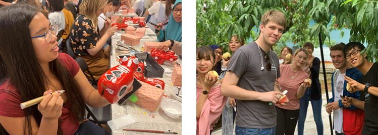 留学生の女性らが赤べことペンを持ち、色付け体験を行っている写真と、日本人と留学生たちが、桃を片手に笑顔を見せている写真