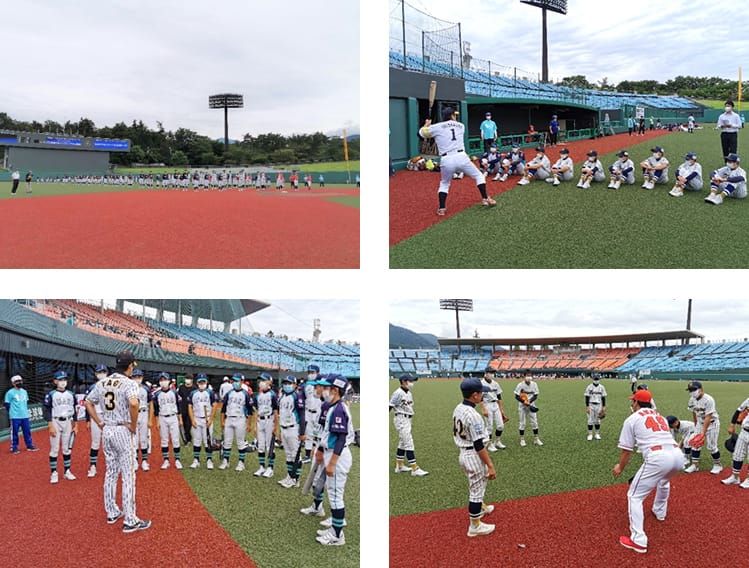 ユニフォームを着た各校の選手たちの様子と、プロ野球OB選手が野球部員にバットのスイングを披露している様子、野球部員がプロ野球OB選手のアドバイスに耳を傾けている様子、野球部員がプロ野球OB選手の守備の構えを見ながらアドバイスに耳を傾けている様子