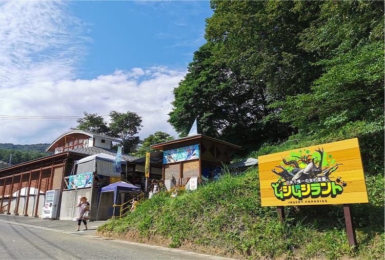カブトムシ自然王国ムシムシランドの看板と入り口外観の写真