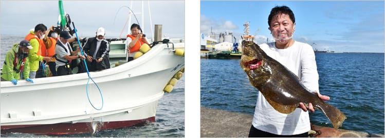 出港した漁船の上で、男性の参加者の釣り竿にかかった魚を引き上げている様子と、釣り上げた大きな魚を両手に持ち記念撮影をしている奥田シェフの写真