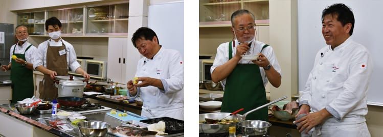 奥田政行さんの調理の様子を横山信一復興副大臣と男性が横で見つめている様子の写真と、奥田政行さんと横山信一復興副大臣が笑顔で並んで調理をしている様子の写真