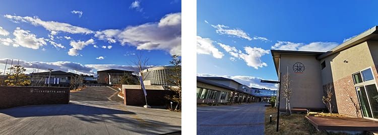 福島県立ふたば未来学園中学校・高等学校の正門と奥に見える茶色の校舎の写真と、福島県立ふたば未来学園中学校・高等学校の校舎と敷地内の写真