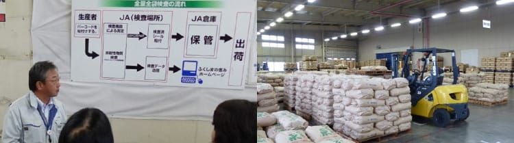JAの担当者による全量全袋検査の説明に耳を傾けるツアー参加者の写真と、フォークリフトやたくさんの米袋がパレットに積まれて保管されている倉庫内の写真