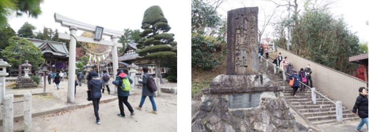 相馬小高神社の白い鳥居をくぐる参拝客らの様子の写真と、小高城址碑の横手にある階段を下る観光客らの様子の写真