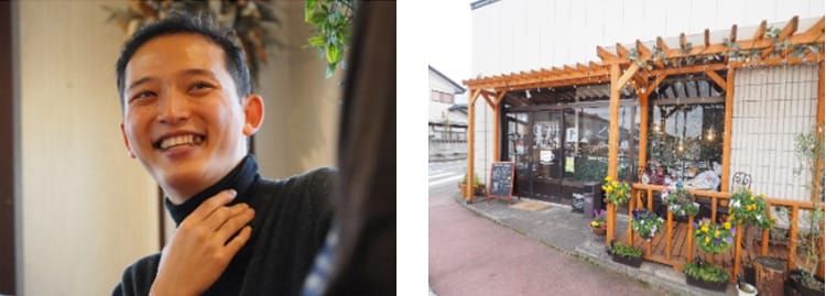 一般社団法人オムスビの森山貴士さんが笑顔でインタビューを受けている写真と、色鮮やかなパンジーが飾られているOdaka Micro Stand Barの外観の写真