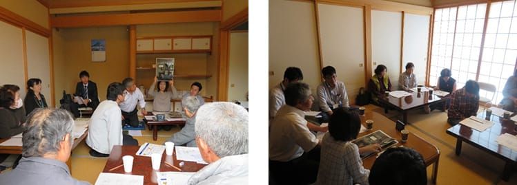 参加者が折田さんの話に耳を傾けているリスクコミュニケーションの会の様子の写真と、向かい合うように座り、卓上の資料を読み込んでいる参加者らの様子の写真