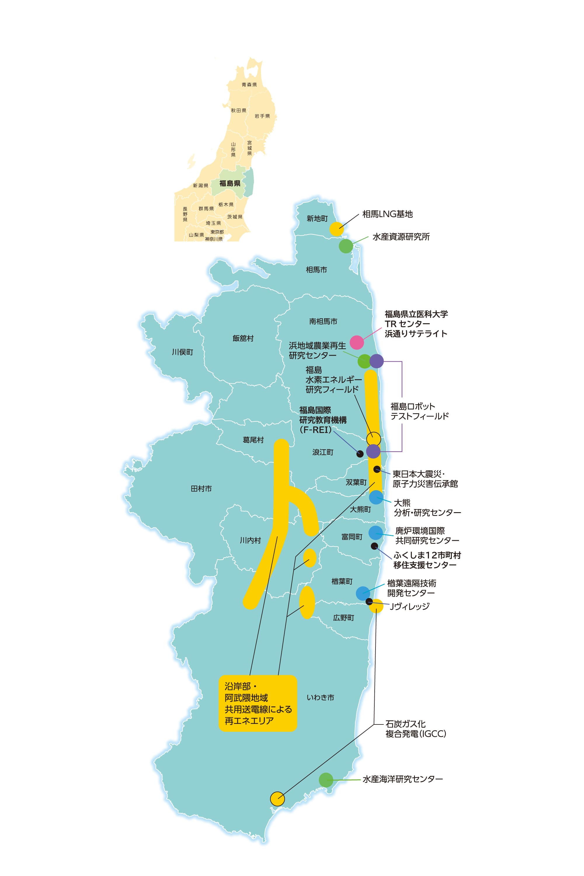 福島県浜通り周辺の地図。色は、各産業を表しており、各拠点の名称が記されている。地域ごとにさまざまな分野の産業が集積しているのがわかる