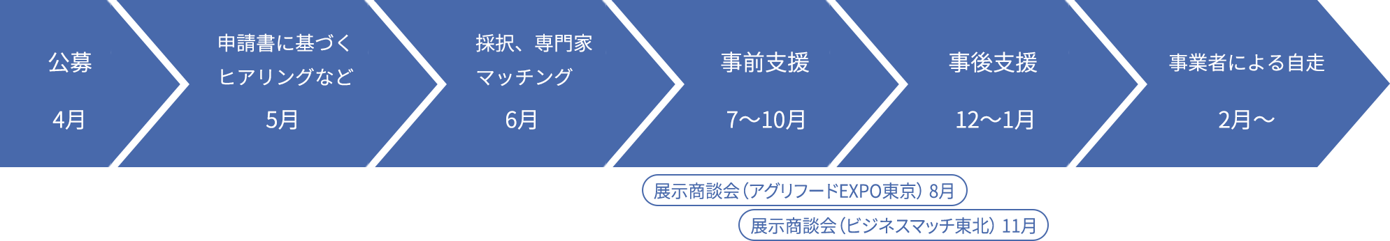 公募4月、申請書に基づくヒアリング等5月、採択、専門家マッチング6月、課題特定支援7月、課題解決支援10〜1月、事業者による自走2月〜