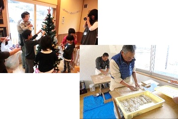 福島市飯野団地におけるクリスマス会(左上) 郡山市八山田団地における新春交歓会でのそば打ち（右下）